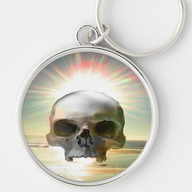 Skull-solnedgång Rund Silverfärgad Nyckelring (Framsidan)