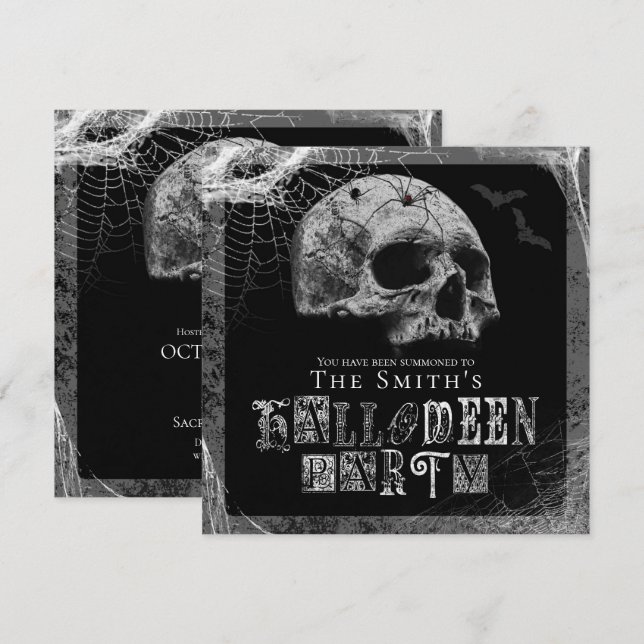 Skull & Spindelnät Svarta Änkan Halloweenfest Inbjudningar (Fram/baksida)