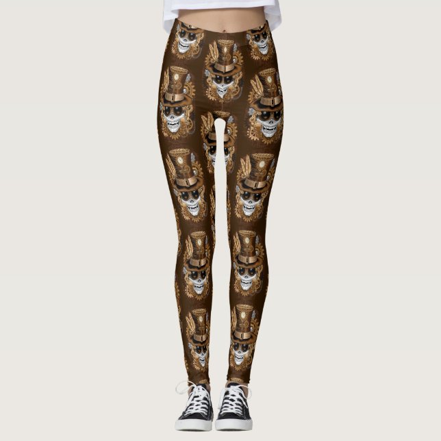 Skull Steampunk Voodoo Retro Maskin Leggings (Framsida)