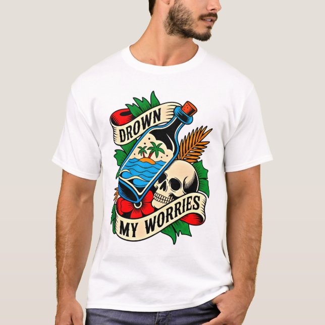 Skull & Sunset Tropical Tattoo | Unik presentidé T Shirt (Framsida)