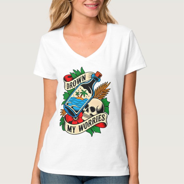 Skull & Sunset Tropical Tattoo | Unik presentidé T Shirt (Framsida)