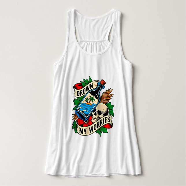 Skull & Sunset Tropisk Tatovering | Unik Presentid Linne Med Racerback (Design framsida)