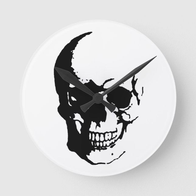 Skull - Svart och vit Metall-Fantasy Art Rund Klocka (Framsida)