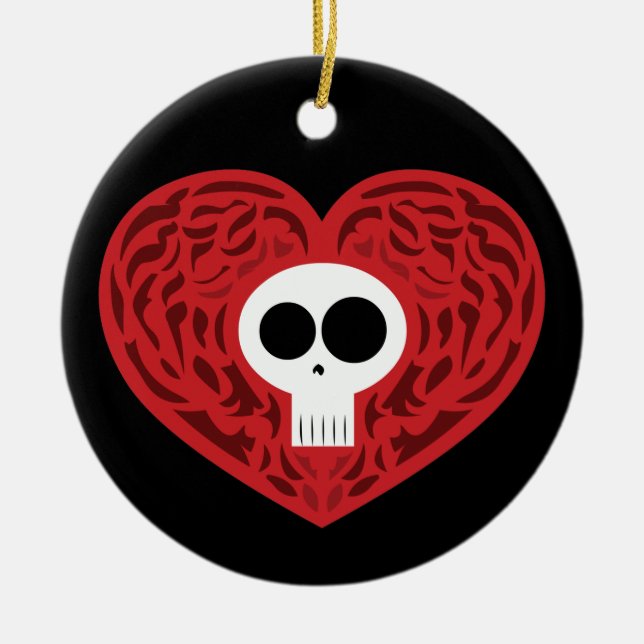 Skull Tattoo Heart Julgransprydnad Keramik (Framsidan)