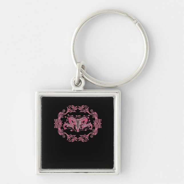 Skull Whimsigoth Aesthetic Fyrkantig Silverfärgad Nyckelring (Framsidan)