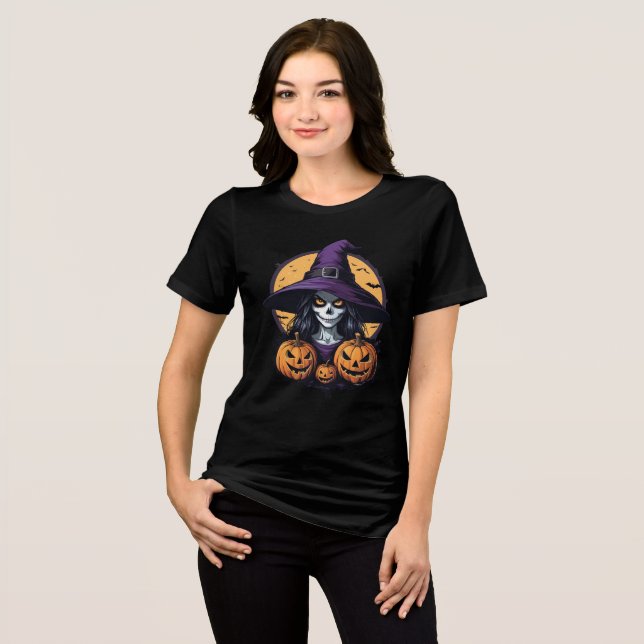Skull Witch with Pumpkins & Full Moon T Shirt (Framsida Full)