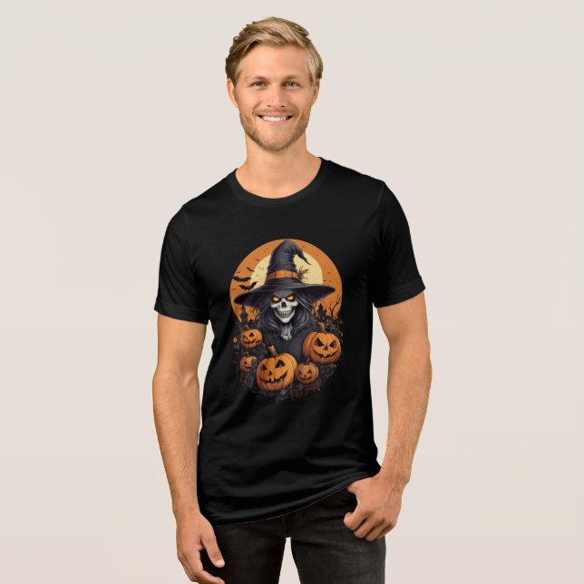 Skull Witch with Pumpkins Halloween Art T Shirt (Framsida Full)