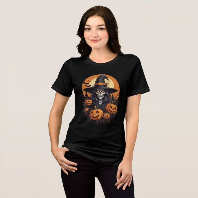 Skull Witch with Pumpkins Halloween Art T Shirt (Framsida Full)