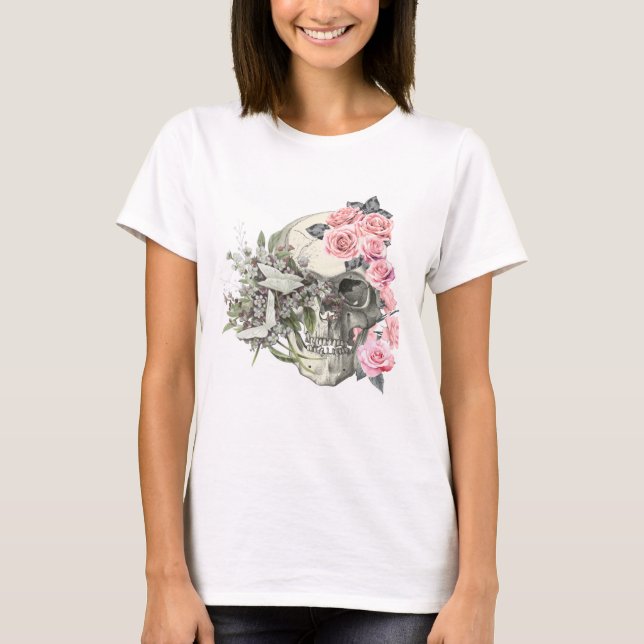 Skull with Pink Roses Women’s T-Shirt  (Framsida)