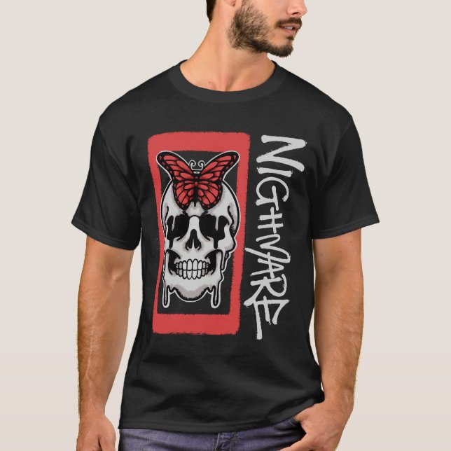 Skull with Red Butterfly Streetwear T Shirt (Framsida)