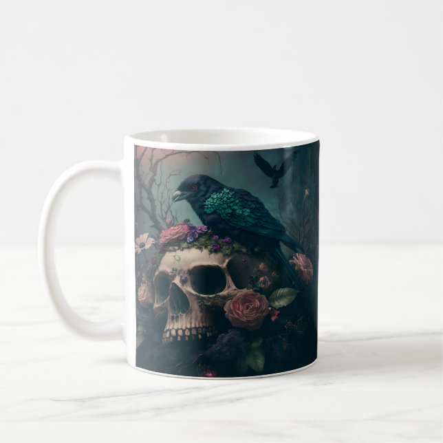 Skull with Roses and Crow Goth Art Kaffemugg (Vänster)