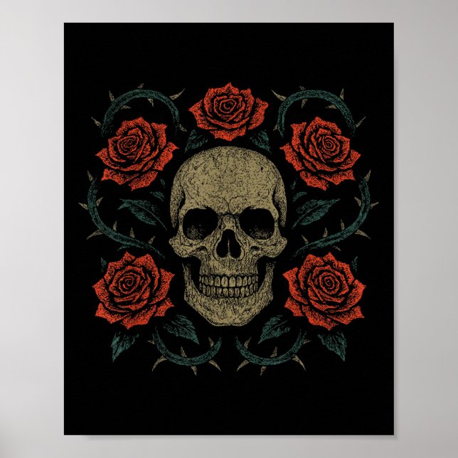 Skull With Roses Gothic Floral Dark Aesthetic Appa Poster (Framsidan)