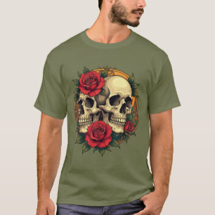 Skulla Ansikte med Röd ros T Shirt