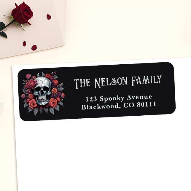 Skulla med Ro Mörk-gotiska Returetiketter Returadress Etikett (🌹 Gothic Elegance: Skull with Roses Return Address Labels! 🦇)