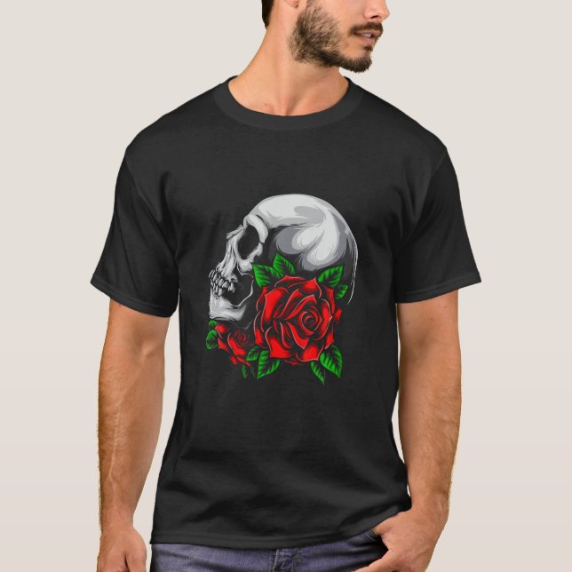 Skulla med röd blomma, utforma texten med bokstäve t shirt (Framsida)