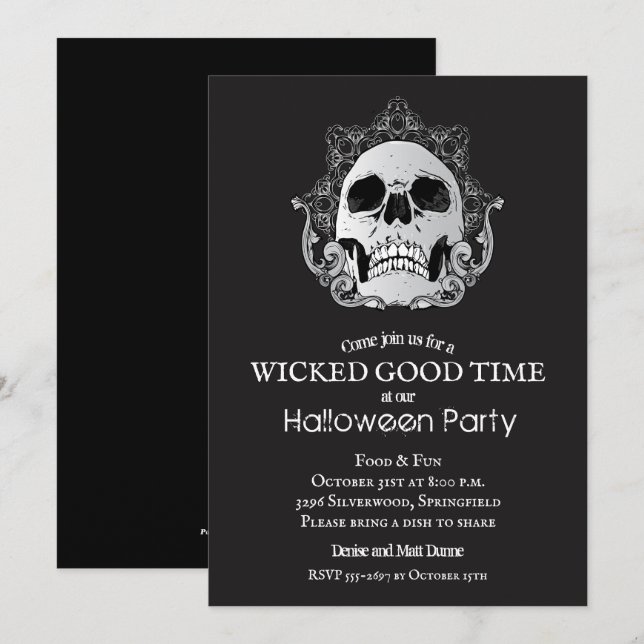 Skulla på inbjudan till Black Halloween fest (Fram/baksida)