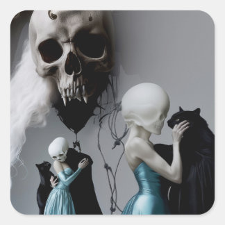 Skullat svart kattskugga, oc Witchy AI Art Fyrkantigt Klistermärke