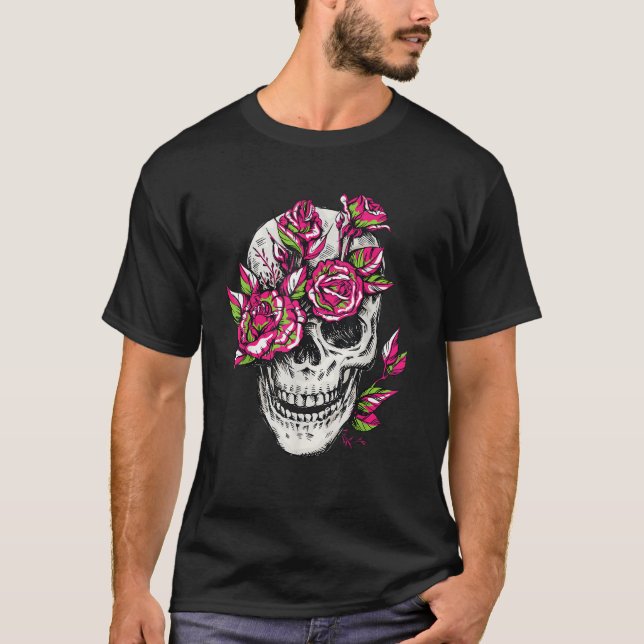 Skullblommig Blommigt Bone Ro Skeleton Coola Goth  T Shirt (Framsida)