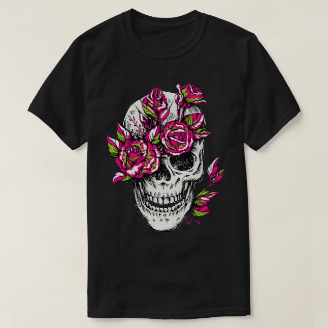 Skullblommig Blommigt Bone Ro Skeleton Coola Gothi T Shirt (Design framsida)