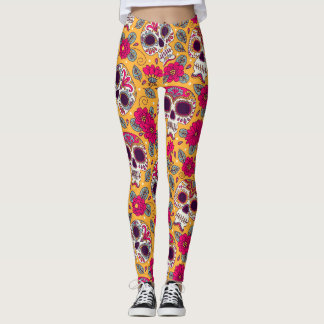 Skullblommor: Bakgrund för mexikanska dagar Leggings