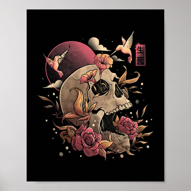 Skullblommor Skeleton Halloween Japa Poster (Framsidan)