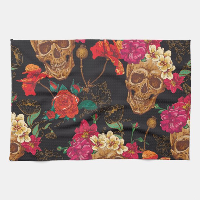 Skullblommor: Sömlös Mörk - bakgrund. Kökshandduk (Horisontell)
