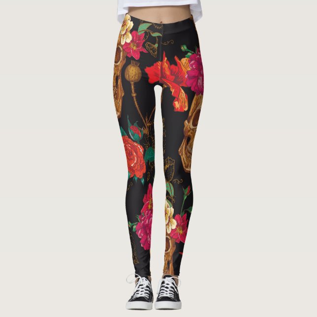 Skullblommor: Sömlös Mörk - bakgrund. Leggings (Framsida)