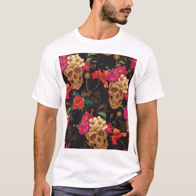 Skullblommor: Sömlös Mörk - bakgrund. T Shirt (Framsida)