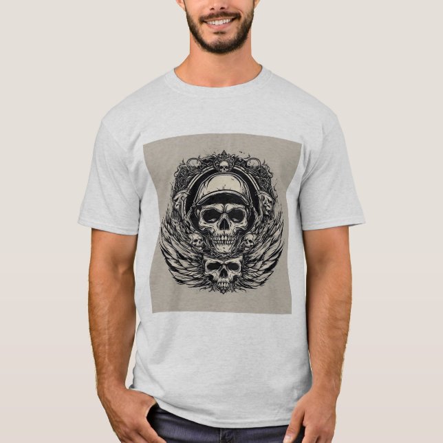 Skulldesign med Vingar och symboler T Shirt (Framsida)