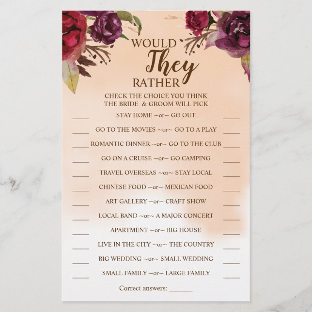 Skulle de hellre burgundy Shower Game Card? Flygblad (Framsidan)