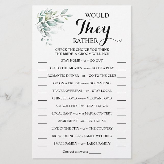 Skulle de snarare vara eukalyptus Shower Game Card Flygblad (Framsidan)