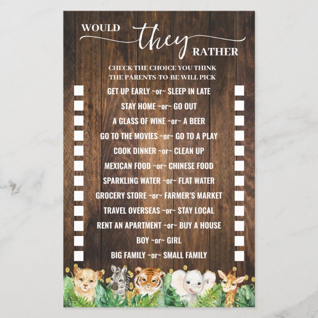 Skulle de snarare vara Rustic Safari Shower Game C Flygblad (Framsidan)