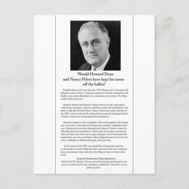 Skulle DNC ha hållit FDR:s namn borta från omröstn Vykort (Framsida)