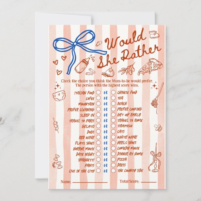 Skulle hon hellre Baby Shower-spel i rött blått (Framsida)
