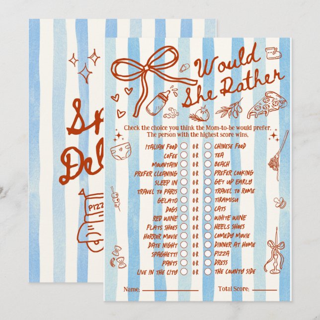 Skulle hon hellre Baby Shower-spel i rött blått (Fram/baksida)