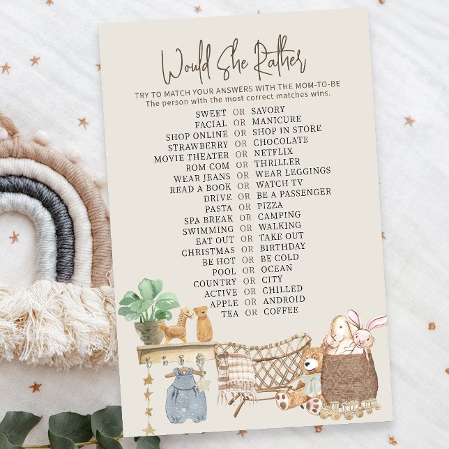 Skulle hon hellre Boho Baby Baby Shower-spel (Would She Rather Baby Shower game - from my Boho Baby Nursery Collection)