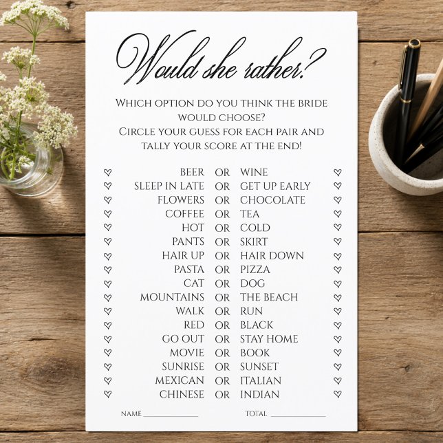 Skulle hon hellre bröllopsdusch spel (Would She Rather Bridal Shower Game)