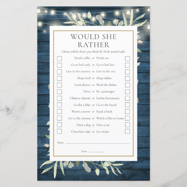 Skulle hon hellre bröllopsdusch teparty spel (Framsida)