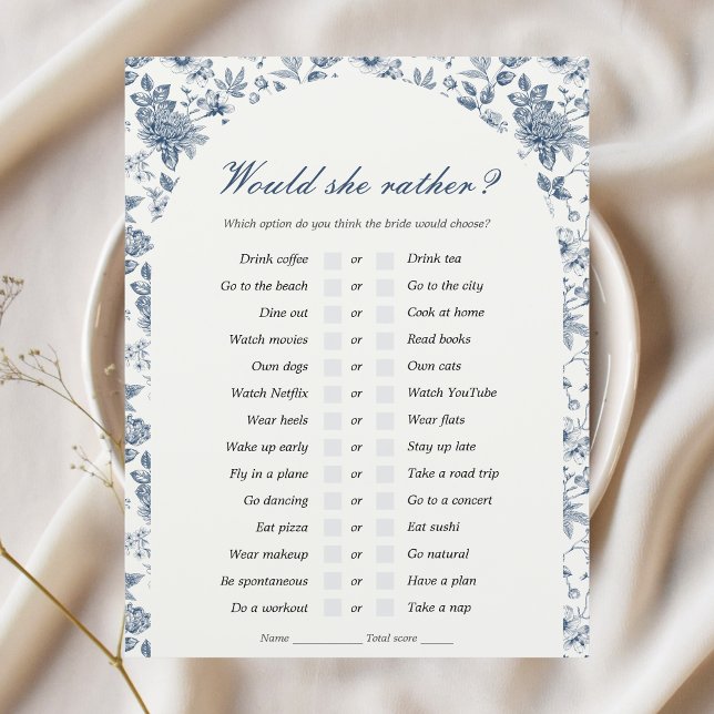 Skulle hon hellre Bröllopsduschspel Chinoiserie (would she rather bridal shower game that matches something blue before i do theme blue chinoiserie
)
