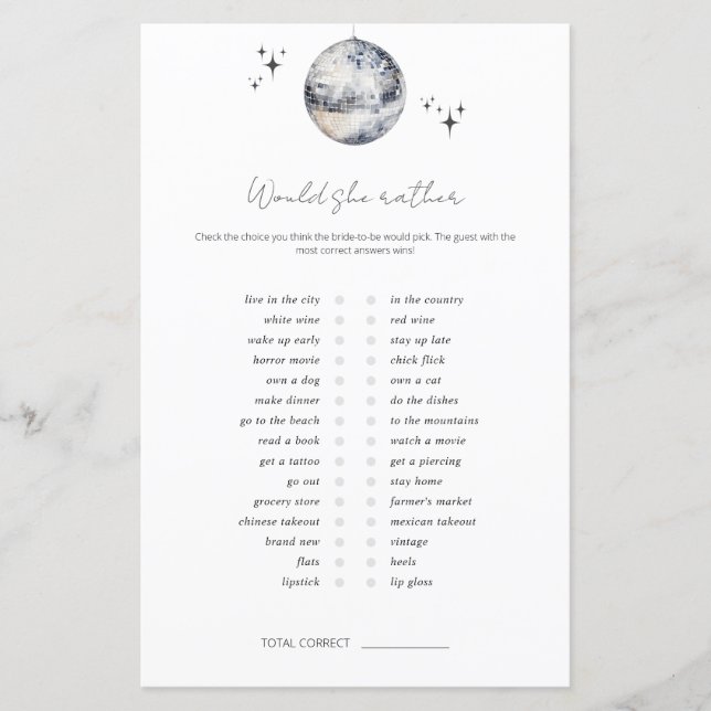 Skulle hon hellre Diskoboll Bröllopsduschspel (Framsida)