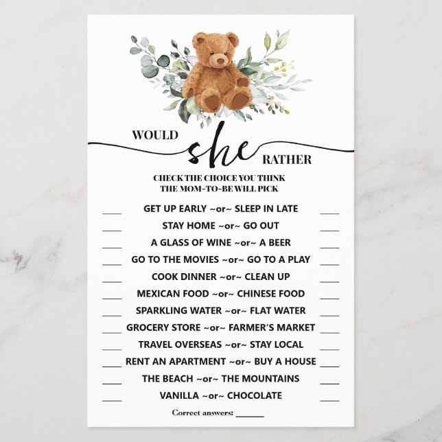 Skulle hon hellre ha ett greeneri Shower Game Card Flygblad (Framsidan)