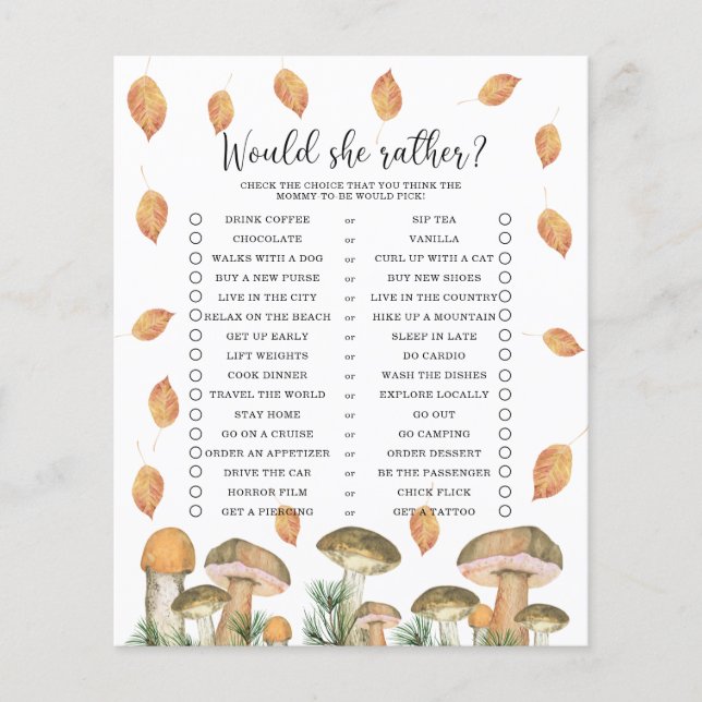 Skulle hon hellre - Höstsvamp Baby Shower-spel (Framsida)