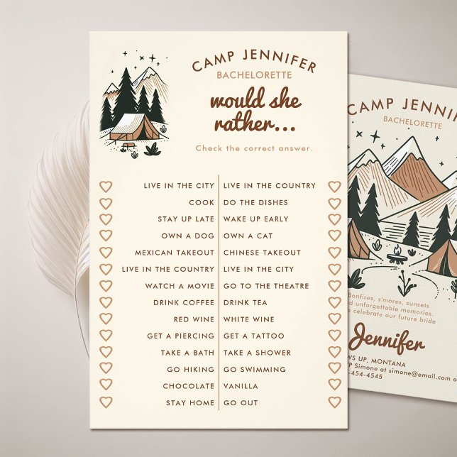 Skulle hon hellre kamma Bachelorette-partiet? Flygblad (camping bachelorette party game would she rather camp bach earth colors beige brown)