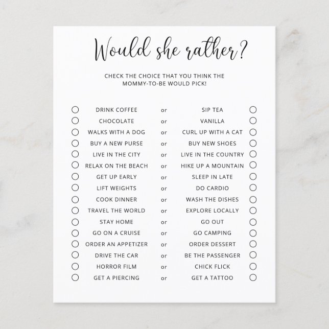 Skulle hon hellre minimalistiskt baby shower-spel (Framsida)
