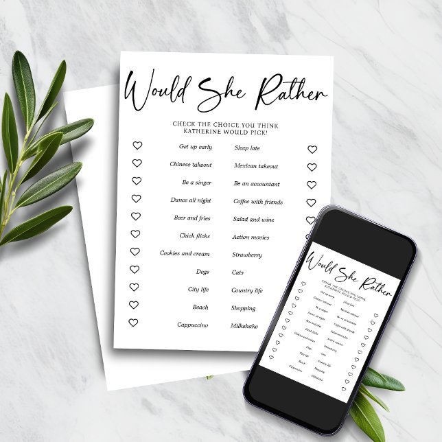 Skulle hon hellre Möhippa Party Game? Inbjudningar (Would She Rather Bridal Shower Party Game Invitation)