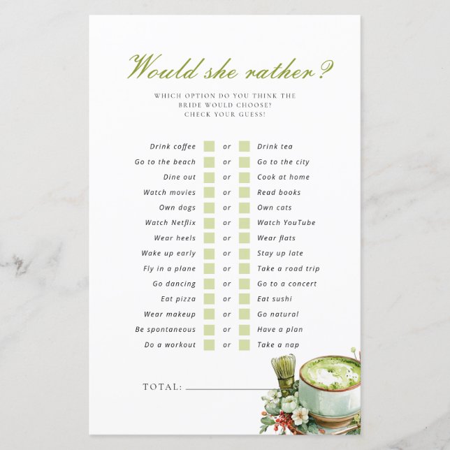 Skulle hon hellre Perfect Matcha Bröllopsduschspel (Framsida)