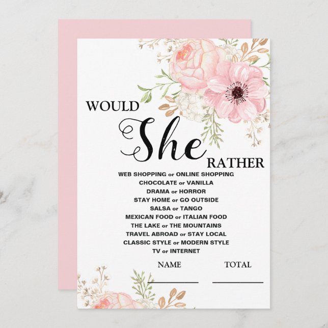 Skulle hon hellre Rosa Blommigt Möhippa Game? Inbjudningar (Fram/baksida)