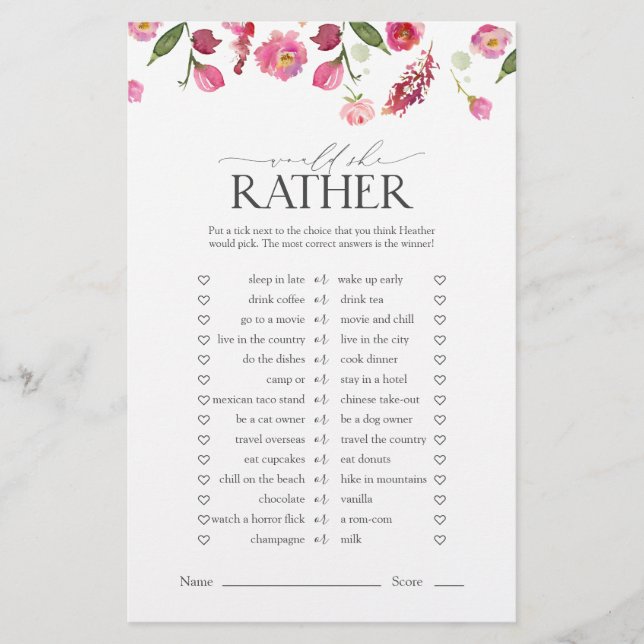 Skulle hon hellre Rosa Flowers Möhippa Game? (Framsida)