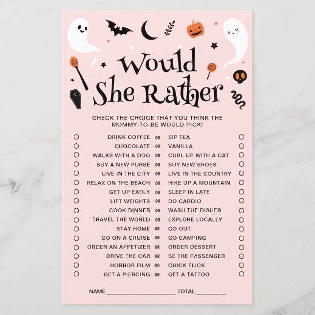 Skulle hon hellre Rosa Halloween Baby Shower Game? (Framsida)