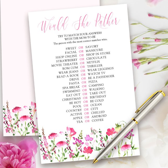 Skulle hon hellre Rosa Wildblomma Shower Quiz Game (Would She Rather Game Cards from my Pink Wildflower Collection. Message me for co-ordinating items.)